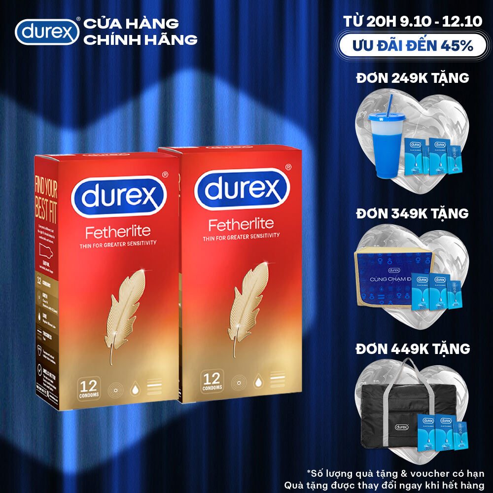 [TỪ 20H | 9-12.10 VOUCHER GIẢM THÊM 8%] Combo 2 Bao cao su Durex Fetherlite siêu mỏng, size 52.5mm, 12 bao/hộp