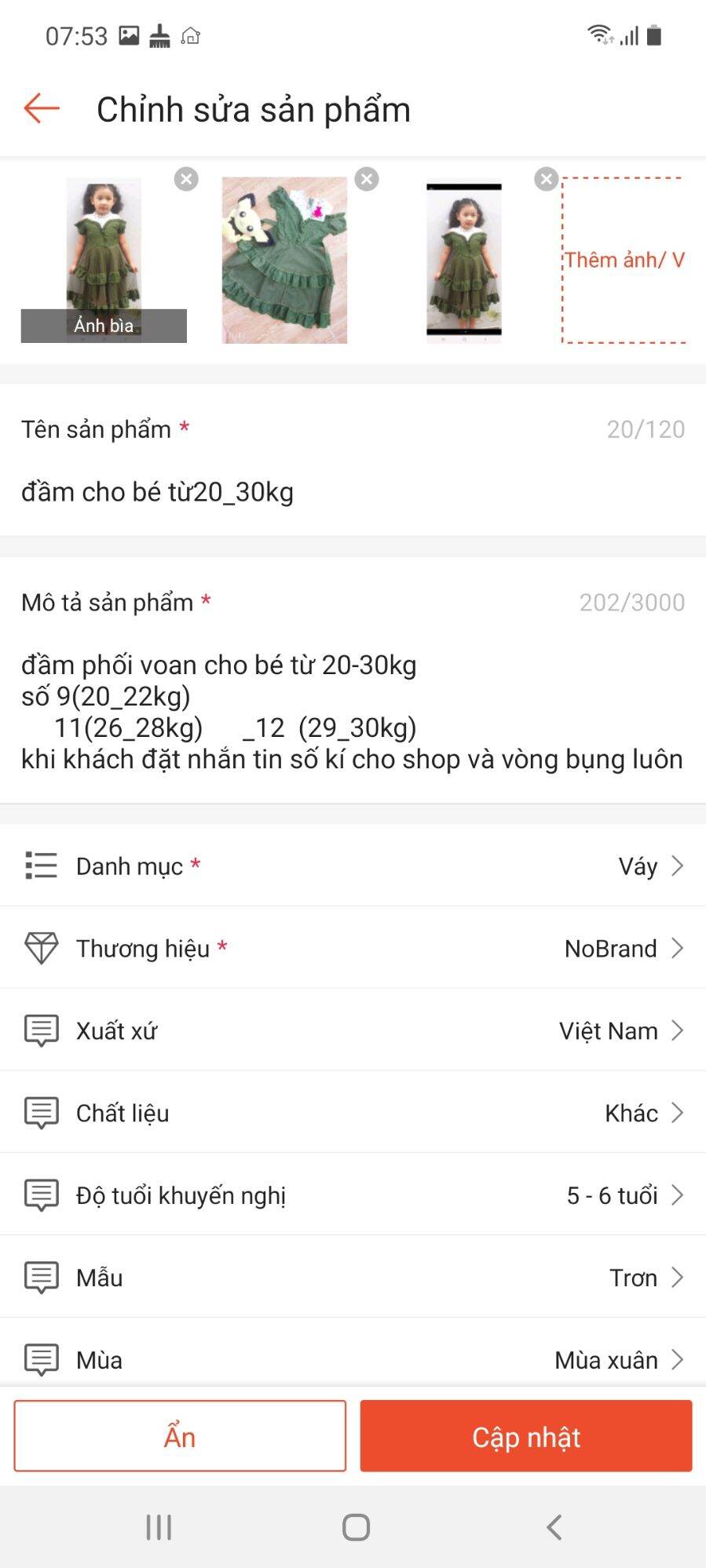 đầm thô  mềm phối  voan cho bé 25_30kg