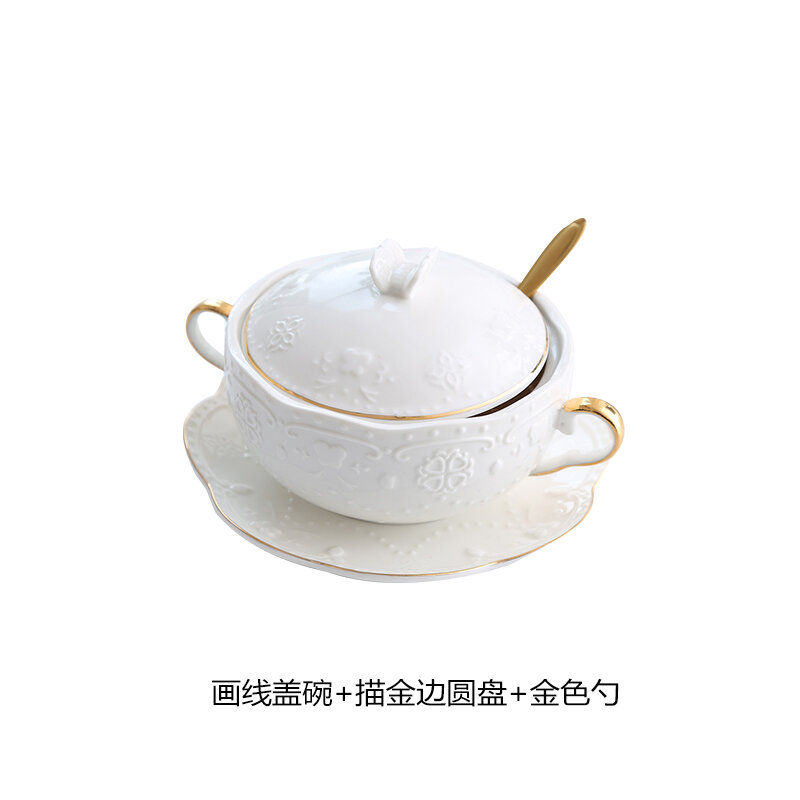 Bát tổ yến gốm sứ bát tráng miệng cốc hầm có nắp hai tai bát canh tai bạc cốc canh tinh xảo bộ đồ ăn bát cháo kiểu châu âu dưỡng sinh
