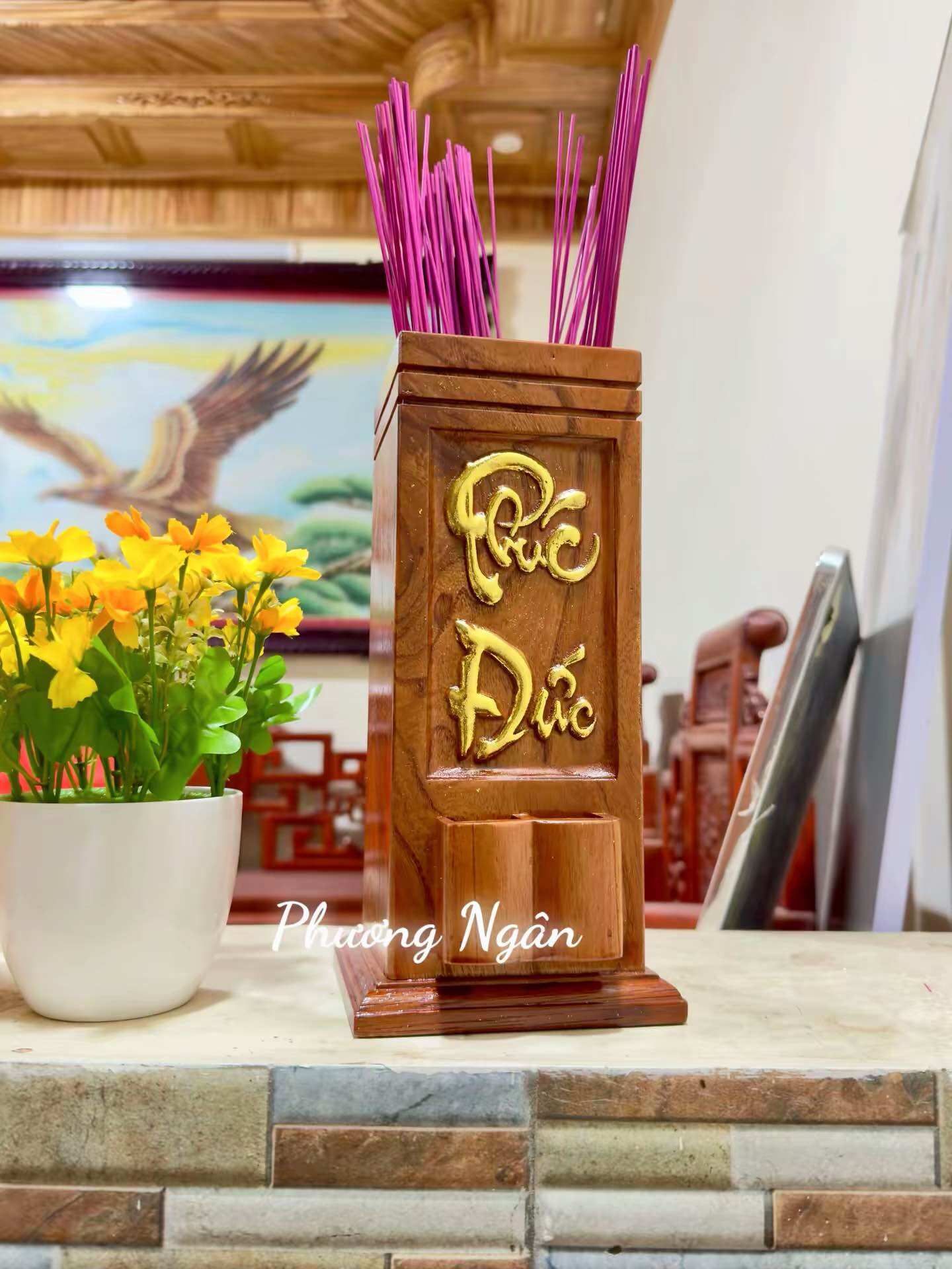 Ống đựng nhang hộp đựng hương phúc lộc thọ ống đựng hương hoa sen thếp vàng gỗ xoan ta hàng đẹp