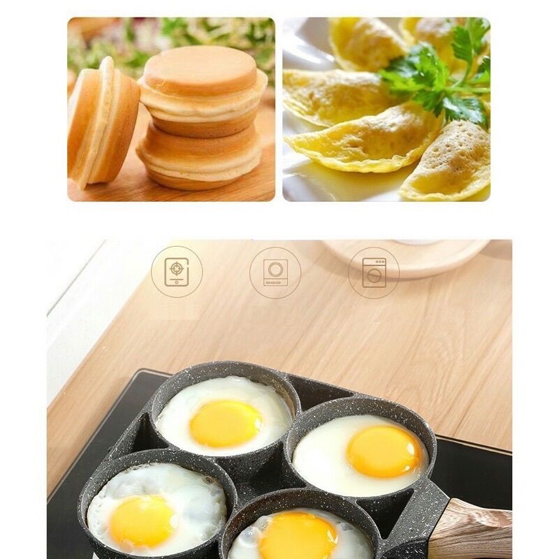 Chảo chiên trứng 4 ngăn - chảo làm bánh 4 lỗ chống dính- chống dính tay cầm gỗ