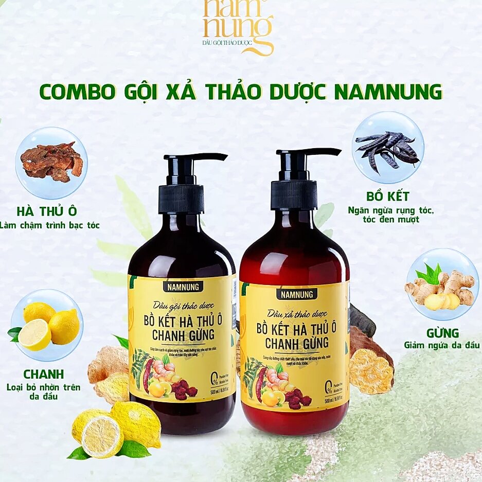 Cặp gội xả namnung bồ kết thảo dược hà thủ ô chanh gừng 500ml x2