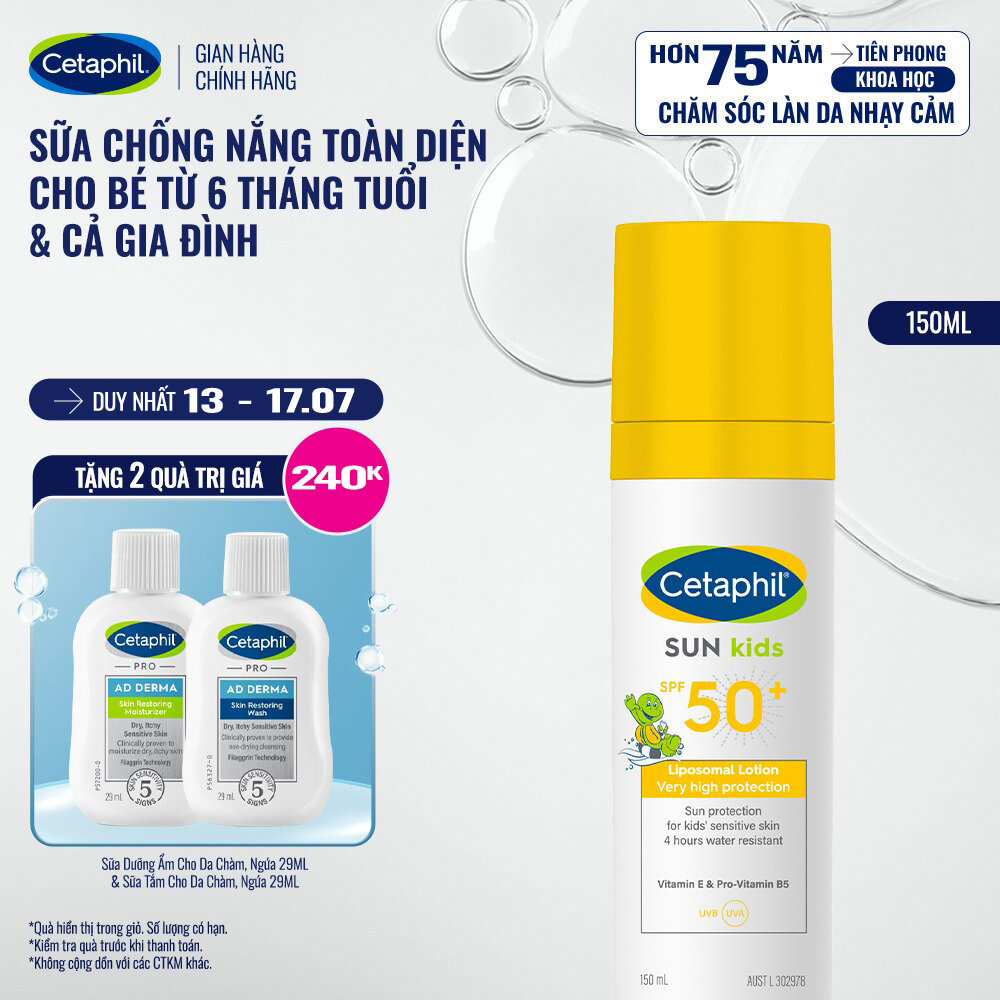 Sữa chống nắng dịu lành cho làn da nhạy cảm của bé từ 6 tháng tuổi CETAPHIL BABY SUN KIDS 150ML