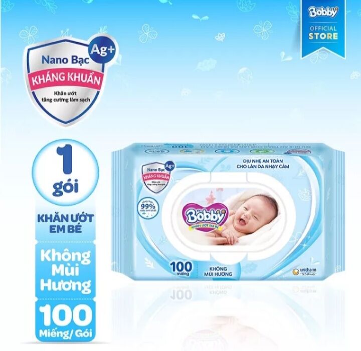 4 gói khăn ướt bobby 100 miếng không mùi