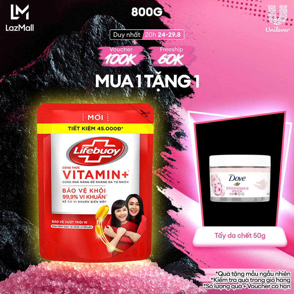 Sữa tắm Lifebuoy 800g Bảo Vệ Vượt Trội giúp bảo vệ khỏi 99.9% vi khuẩn và ngăn ngừa vi khuẩn lây lan trên da (Túi)