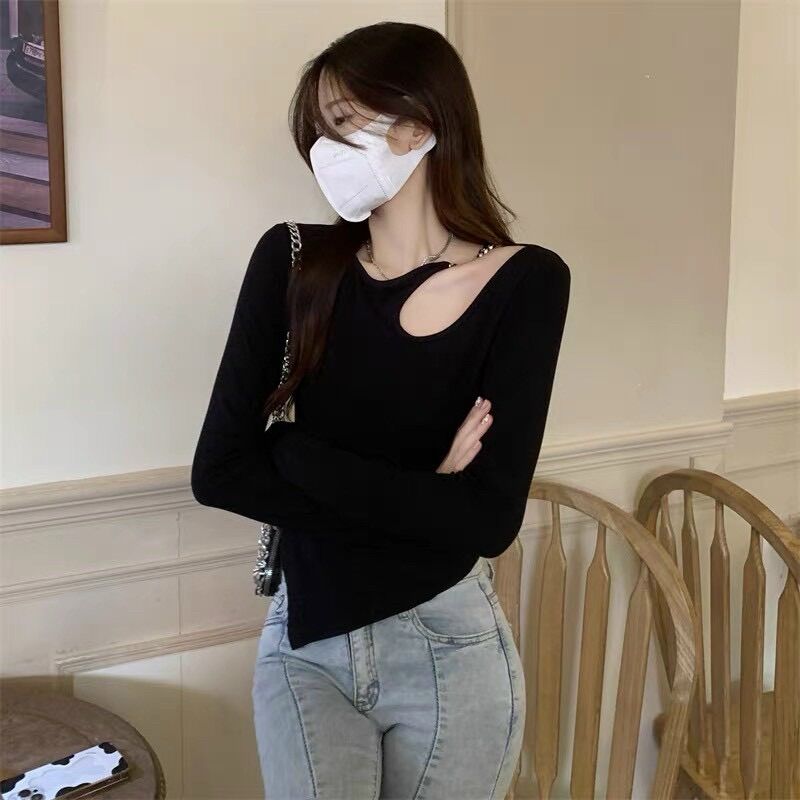 Áo thun gân tay dài tà xéo phối xích
