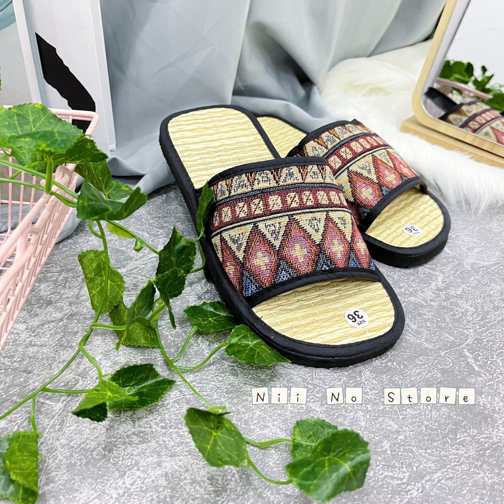 [ND017] Dép chiếu cói thổ cẩm đỏ quai ngang