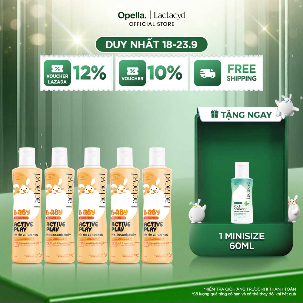 Bộ 5 chai Sữa Tắm Gội Hằng Ngày Cho Bé Lactacyd Baby Active Play, Giúp Đề Kháng Da Và Bảo Vệ Bé Khỏi Vi Khuẩn 250ml