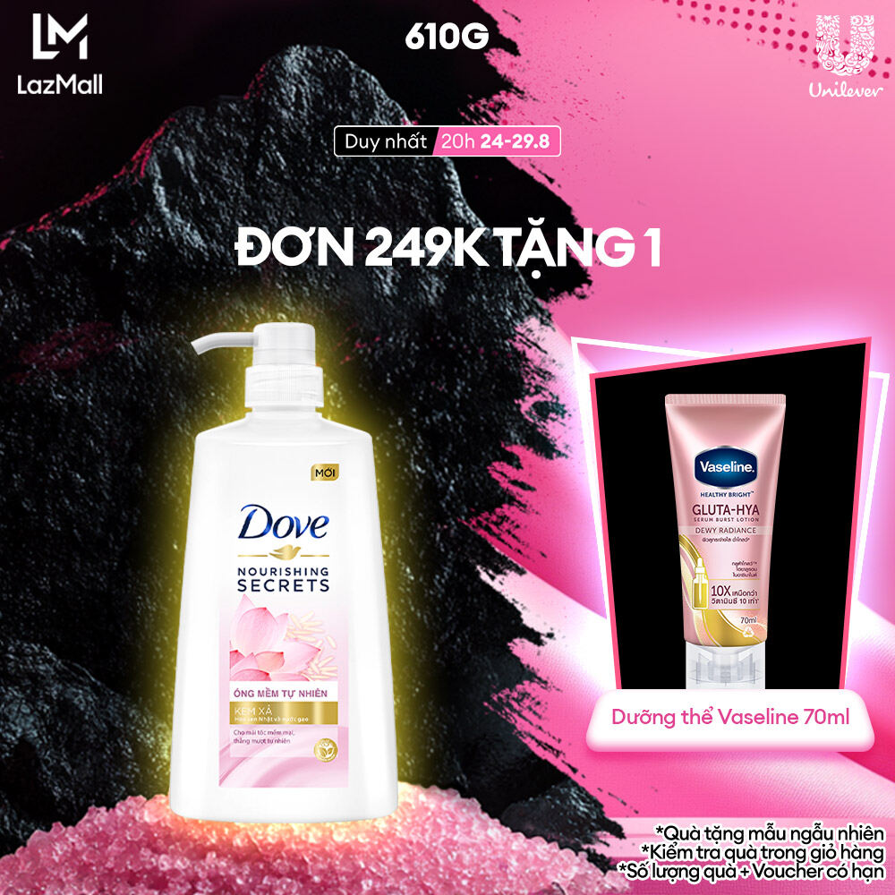 Kem xả Dove Óng Mềm Tự Nhiên với Hoa Sen Nhật và Nước Gạo dưỡng tóc mềm mượt, óng ả 610g