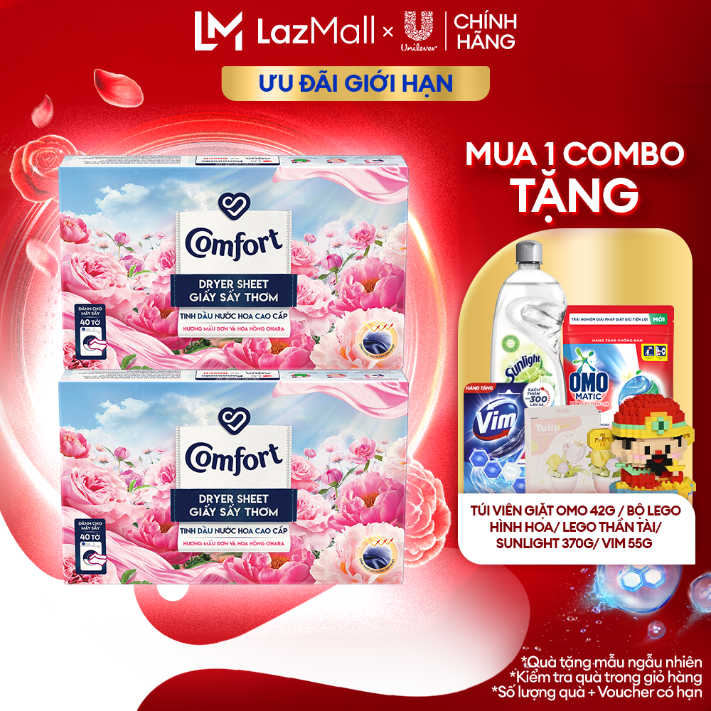 Combo 2 Hộp Giấy Thơm Comfort Hương Mẫu Đơn Và Hoa Hồng Ohara 40 tờ/hộp, Dành Cho Máy Sấy Quần Áo, Tủ Quần Áo