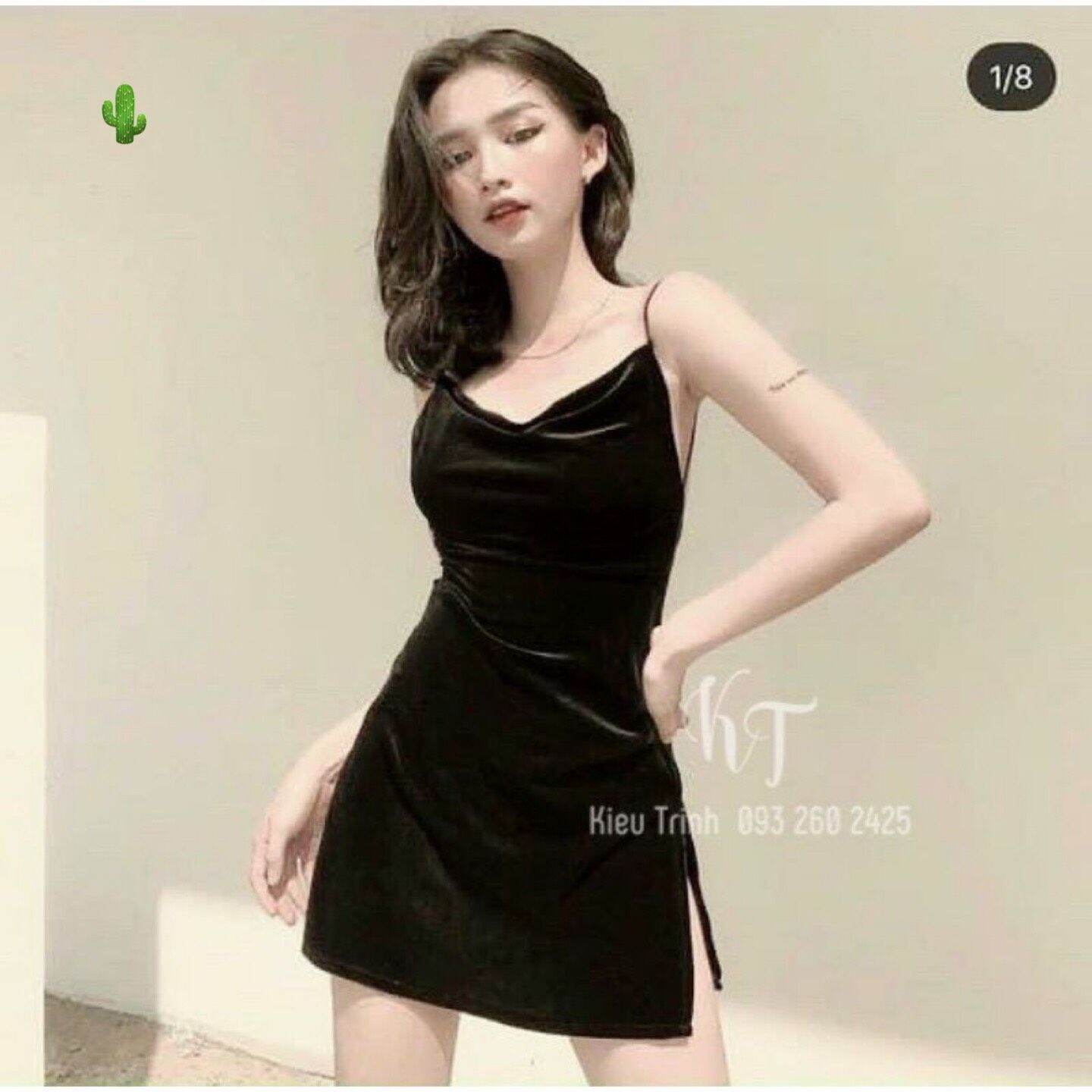 Đầm body 2 dây xẻ đùi sexy đầm đi chơi đầm ngủ nữ đen xanh alohashop91