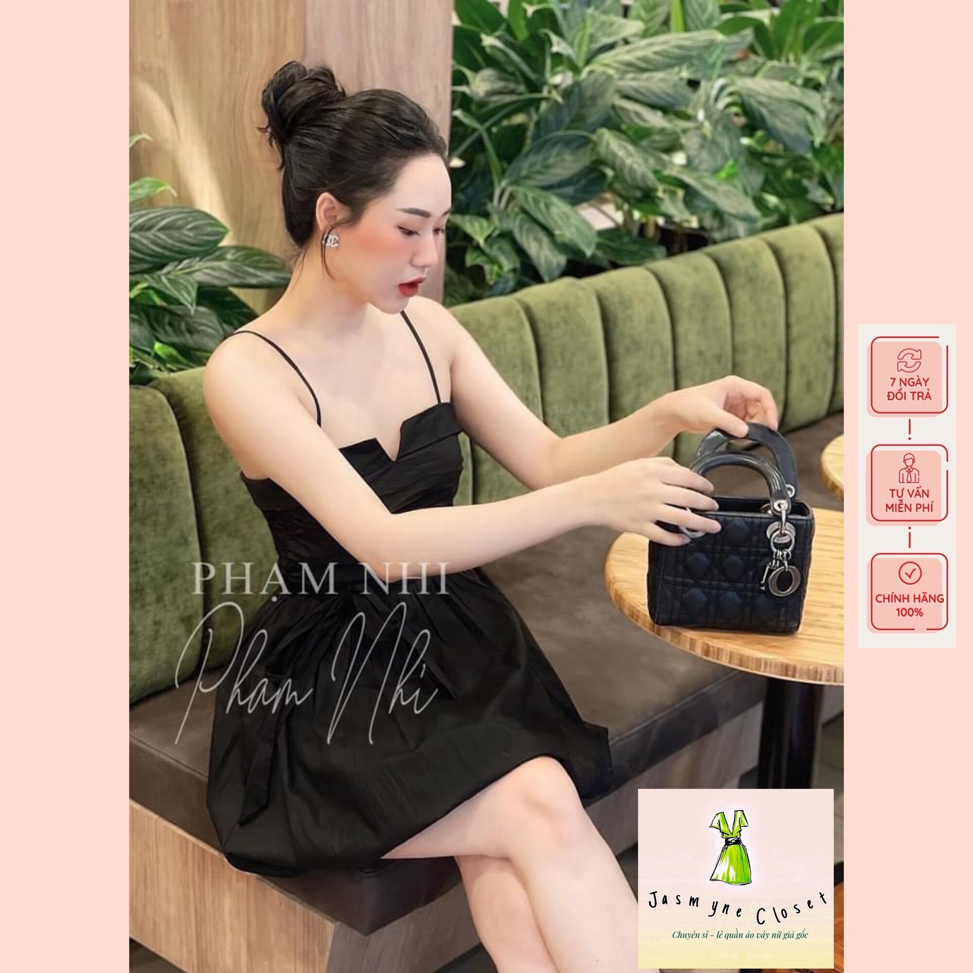 Váy 2 dây đen xòe thân cách điệu tiểu thư