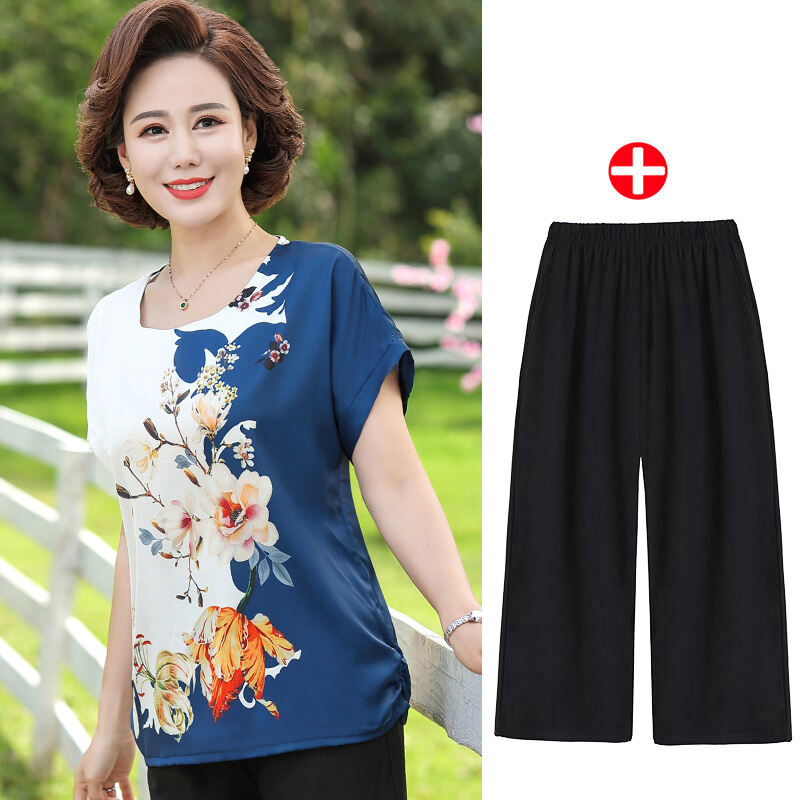 Trang Phục Mùa Hè Cho Mẹ Kiểu Tây Áo Thun Ngắn Tay Trang Phục Nữ Trung Niên 40 Tuổi 50 Mẫu Mới 2022 Bộ Hai Chiếc Áo Cho Người Già