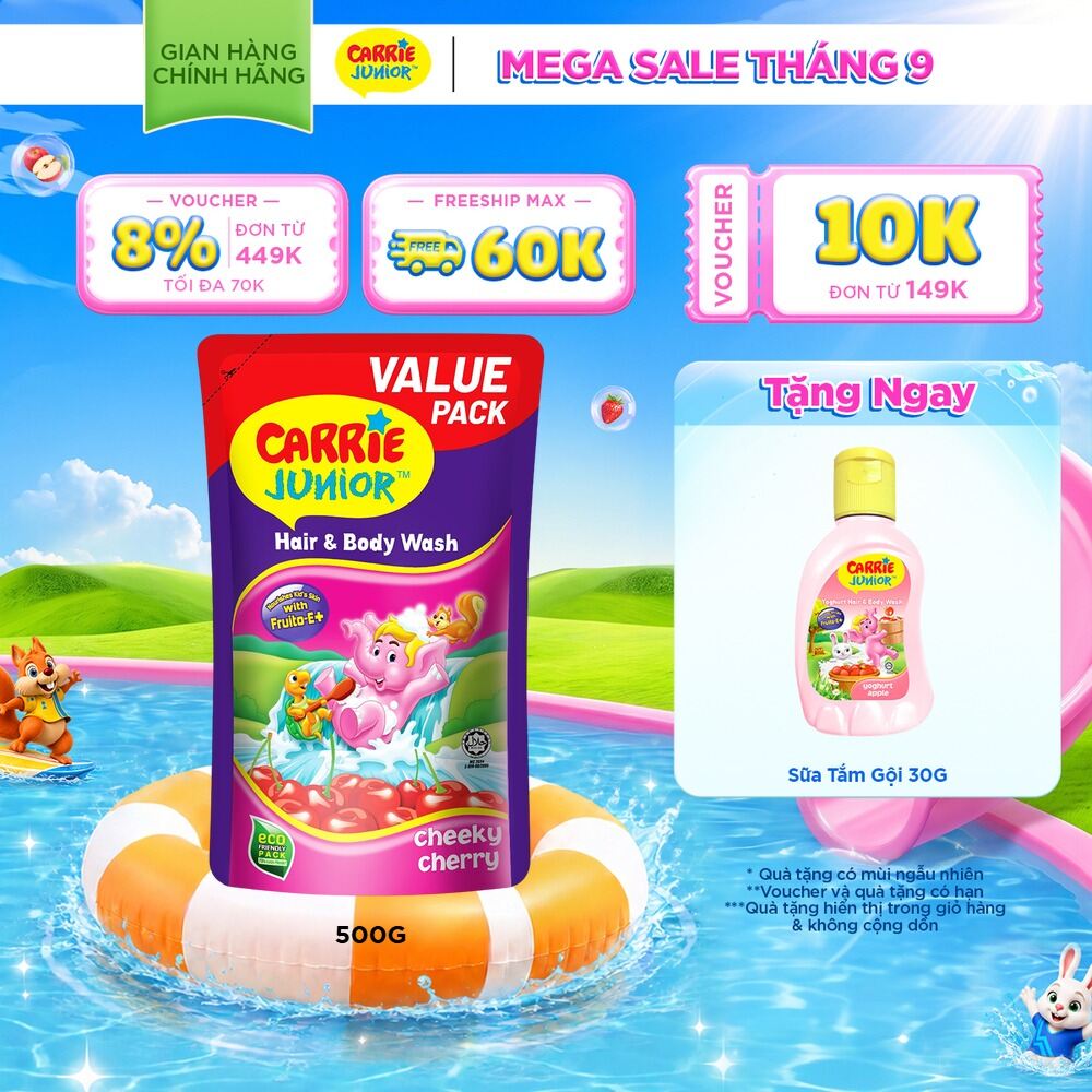 Túi Sữa Tắm Gội Cho Bé Carrie Junior chiết xuất trái cây thiên nhiên Hương Cheeky Cherry 500g