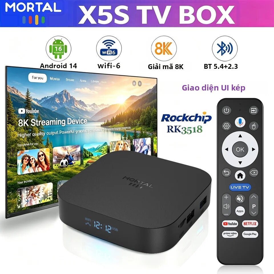 Hộp Giải Mã Truyền Hình Android X5S Rockchip RK3518 8K Ultra HD 2026, Bộ Nhớ 2GB RAM 16GB ROM, Hỗ Trợ Giao Diện Kép, WiFi 6, BT 5.4, Tương Thích Prime Video Và Netflix
