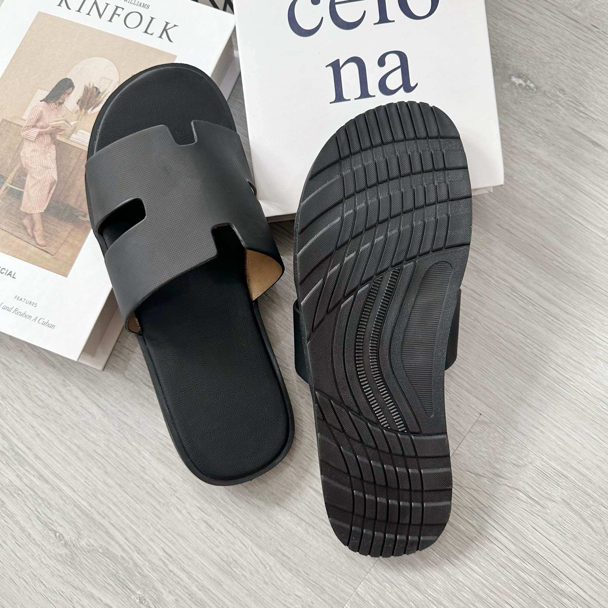 Dép Quai Ngang Nam Genki Màu Đen Chữ H Đế Cao Su Chống Trơn Trượt