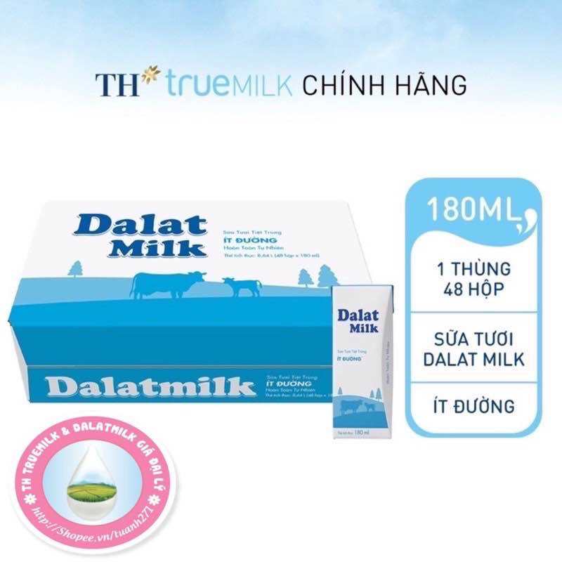 Thùng 48 hộp x 180ml sữa tươi tiệt trùng có đường ít đường Dalat Milk  Bọc