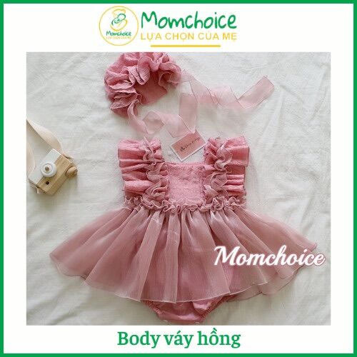 SP2 Bodysuit Cho Bé Gái [MOMCHOICE] Body Váy Hồng Kèm Mũ Chất Xốp Phối Tơ Từ Sơ Sinh -13kg