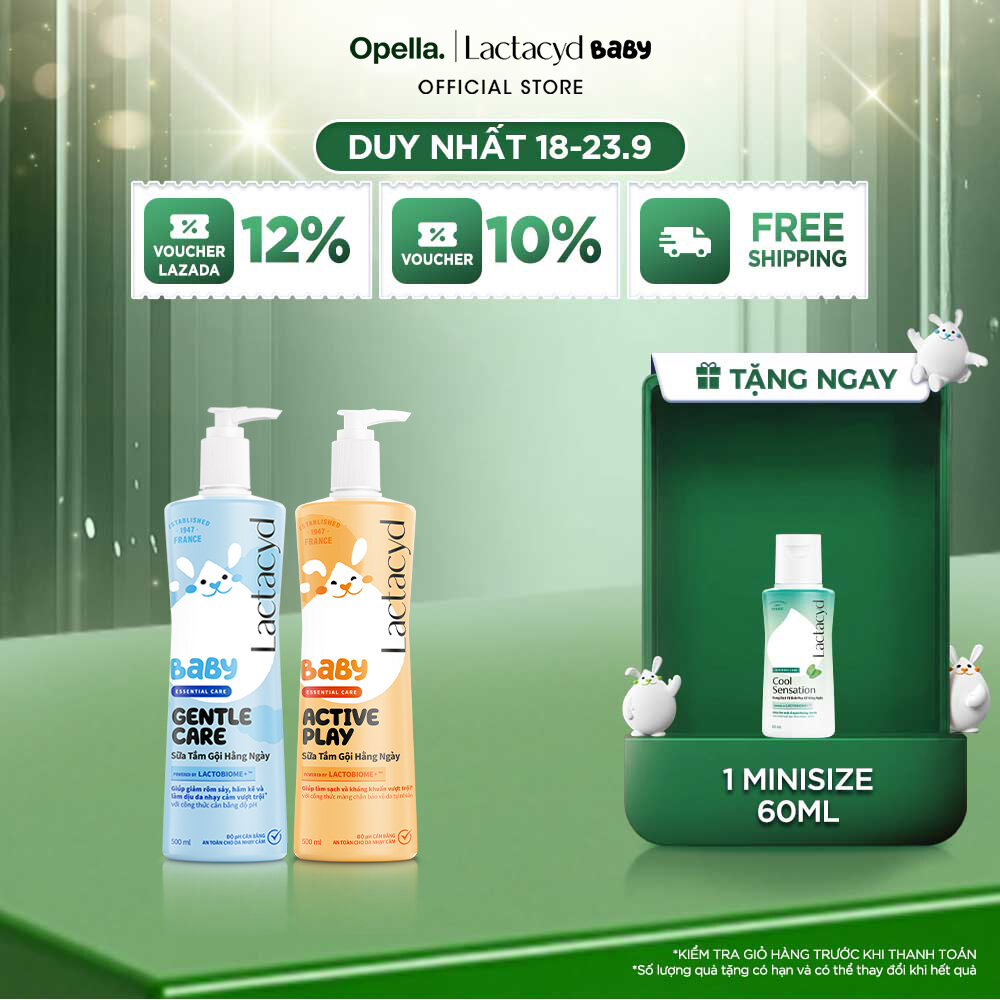 Bộ 1 Sữa Tắm Gội Trẻ em Lactacyd Baby Active Play 500ml +1 Lactacyd Baby Gentle Care 500ml