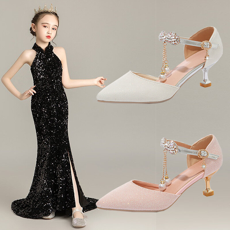 Giày công chúa bé gái giày pha lê giày cao gót trẻ em giày người mẫu đi catwalk dép trẻ em lớn giày biểu diễn giày lễ phục bé gái
