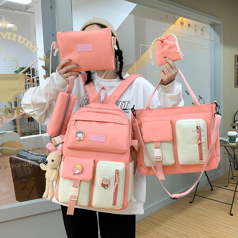 Set balo combo 4 món Nuking phối màu trắng khóa - Balo Ulzzang đi học học sinh sinh viên set khóa túi tote hộp