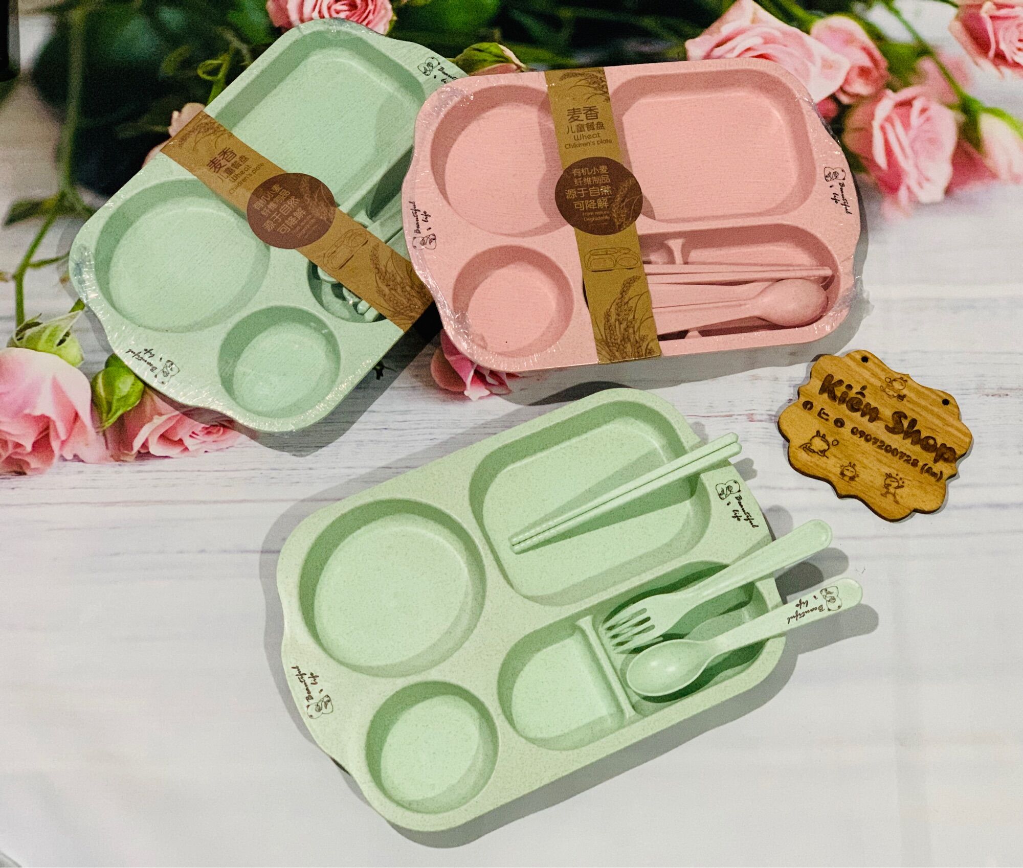 BỘ KHAY ĂN DẶM LÚA MẠCH CHO BÉ 4 MÓN (KHAY+ THÌA + ĐŨA + NĨA) , dụng cụ đựng thức ăn cho bé , khay đựng thức ăn tập ăn cho bé