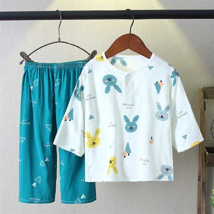 Đồ Ngủ Trẻ Em Lụa Cotton Mùa Hè Bộ Đồ Bé Trai Bộ Đồ Mặc Nhà Điều Hòa Bé Gái Mỏng Tay Dài Lụa Thô Bé Gái Em Bé