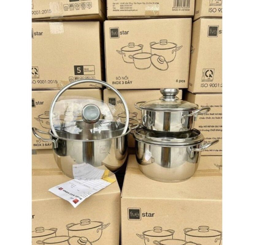 Bộ nồi inox 3 đáy five star siêu đẹp ( nắp kính)