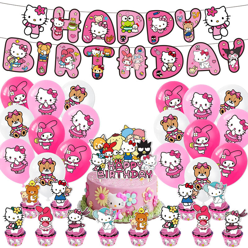 Sanrio Hello Kitty Kuromi Cinnamoroll Trang Trí Tiệc Chủ Đề Cờ Bánh Topper Bóng Xoắn Ốc Mặt Dây Chuy