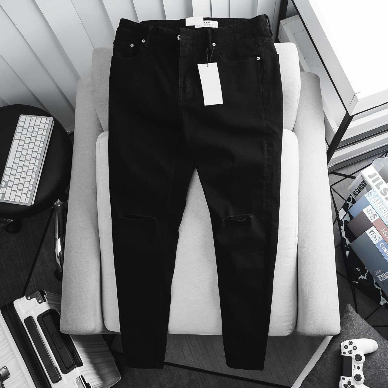 Quần Jean Nam Vnxk Màu Đen Tuyền Co Giãn Ống Côn