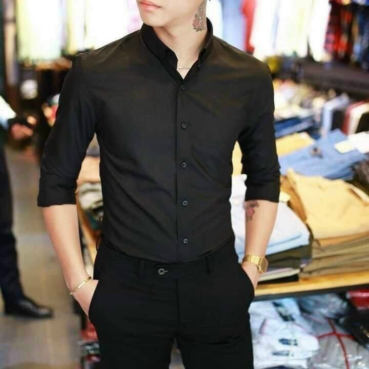 Sơmi nam dài tay Zara cao cấp cổ tàu màu đen kiểu dáng đơn giản trẻ trung thiết kế với form dễ mặc thoải mái