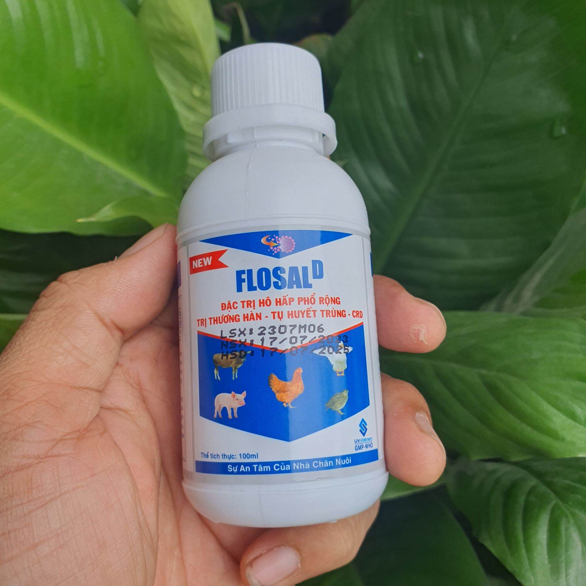 Flosal D xử lý hô hấp thương hàn, tụ huyết trùng, CRD trên gia cầm, gia súc, dùng trong thú y, chai 100ml