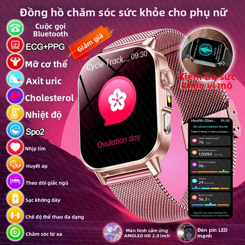 GUHUAVMI | Đồng Hồ Thông Minh Sức Khỏe Nữ 2026 Với Chức Năng Theo Dõi Điện Tâm Đồ (ECG), Nhịp Tim (HRV), Huyết Áp (BP), Oxy Máu, Axit Uric, Kết Nối Bluetooth, Hỗ Trợ Gọi Điện, Tương Thích Với Android Và iOS