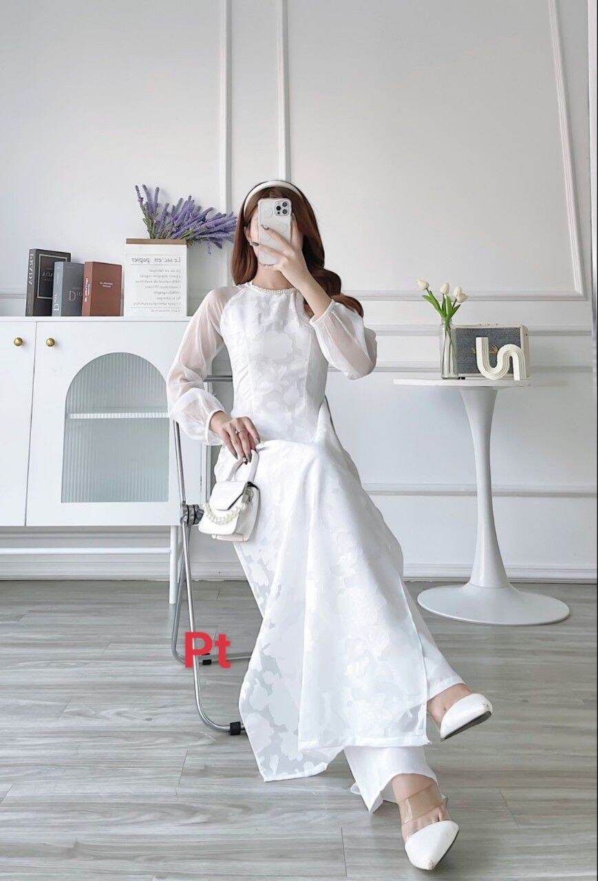 PT21 Áo dài Tết áo dài cách tân 4 tà hoa nhí mềm mại điệu đà cho nàng