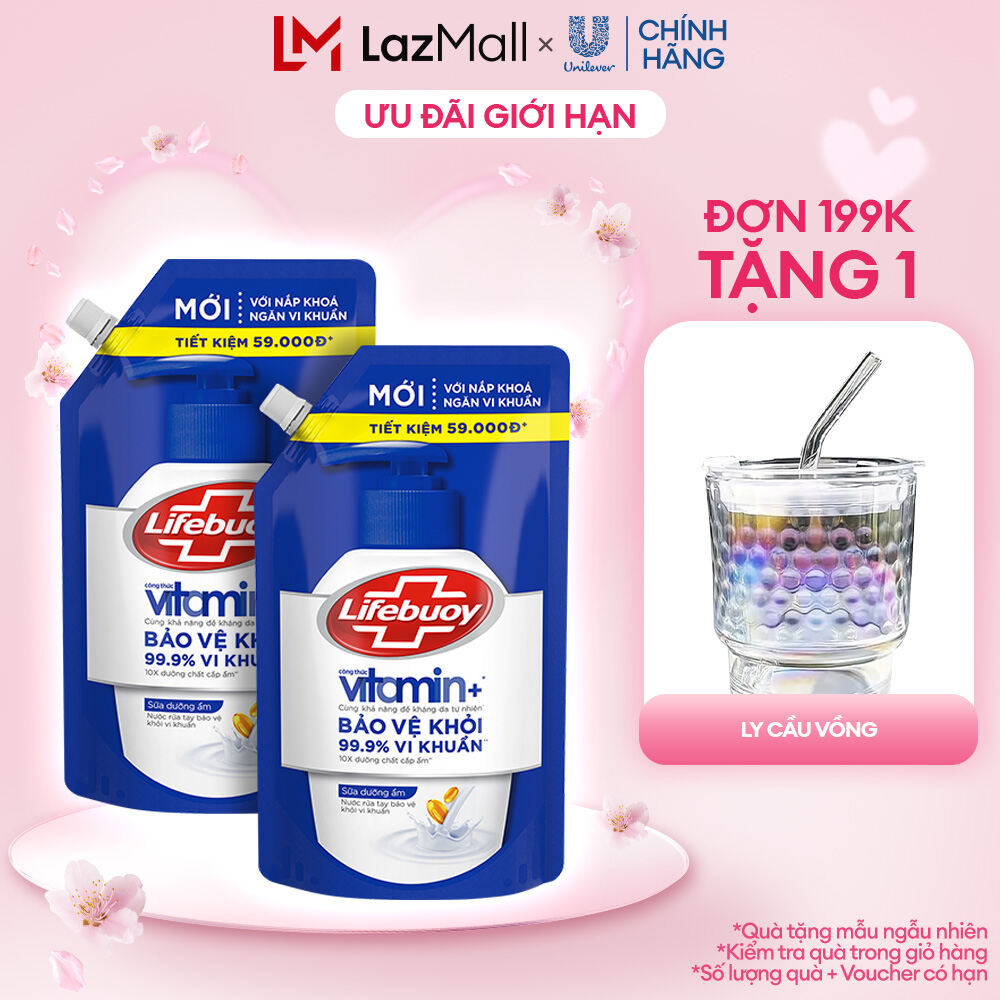 Combo 2 Nước Rửa Tay Lifebuoy Công thức Vitamin+ Sữa Dưỡng Ẩm Túi 1KG