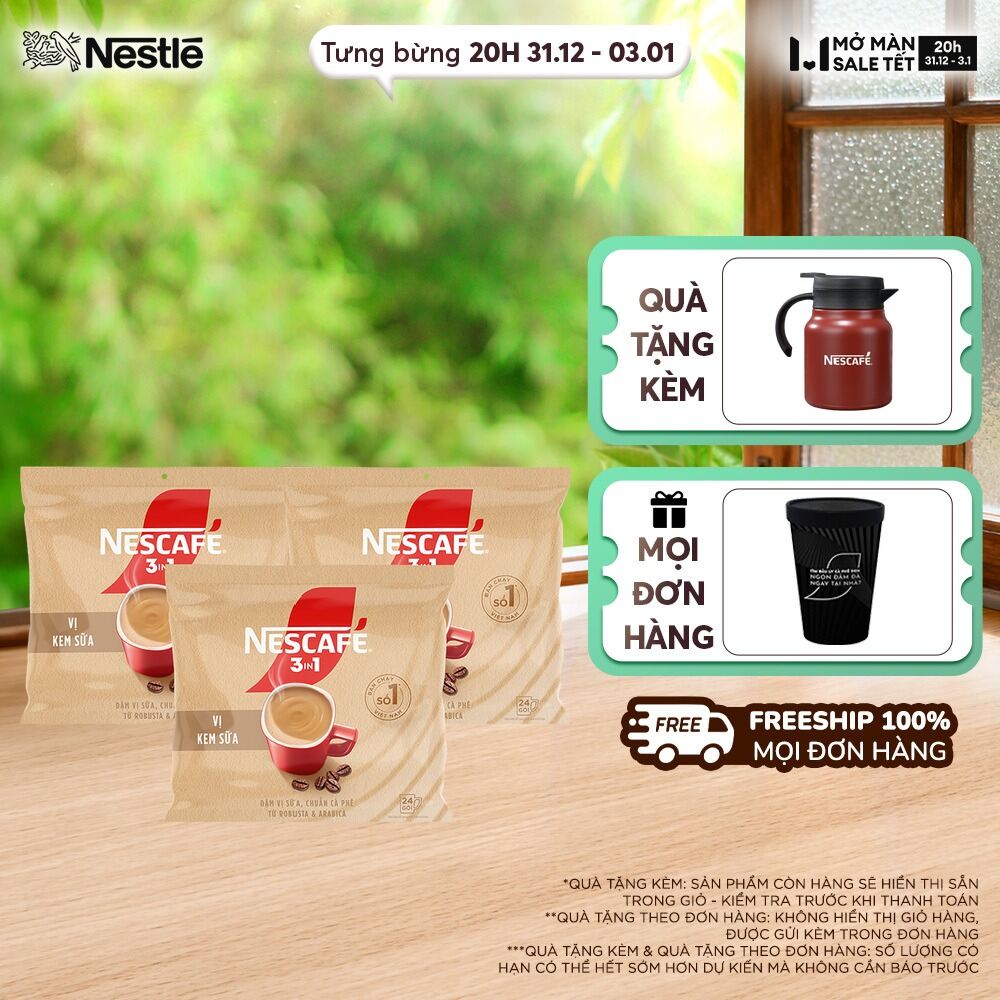   FREESHIP TOÀN QUỐC  Combo 3 bịch Cà phê hòa tan NESCAFÉ 3IN1 VỊ KEM SỮA Bịch 24 gói ĐẬM VỊ SỮA CHUẨN CÀ PHÊ 