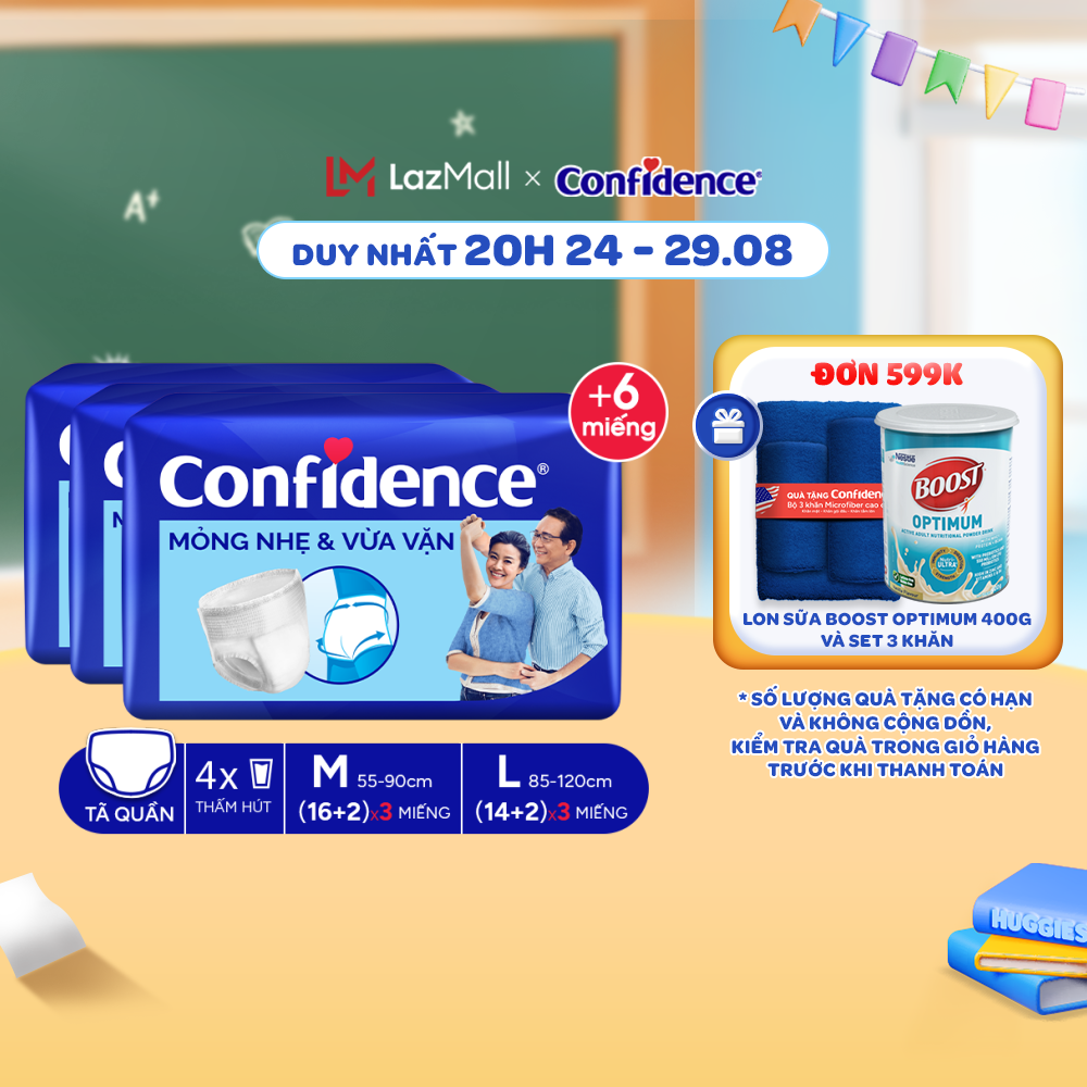 Combo 3 tã quần người lớn confidence slim&fit size m/l gói 20 miếng
