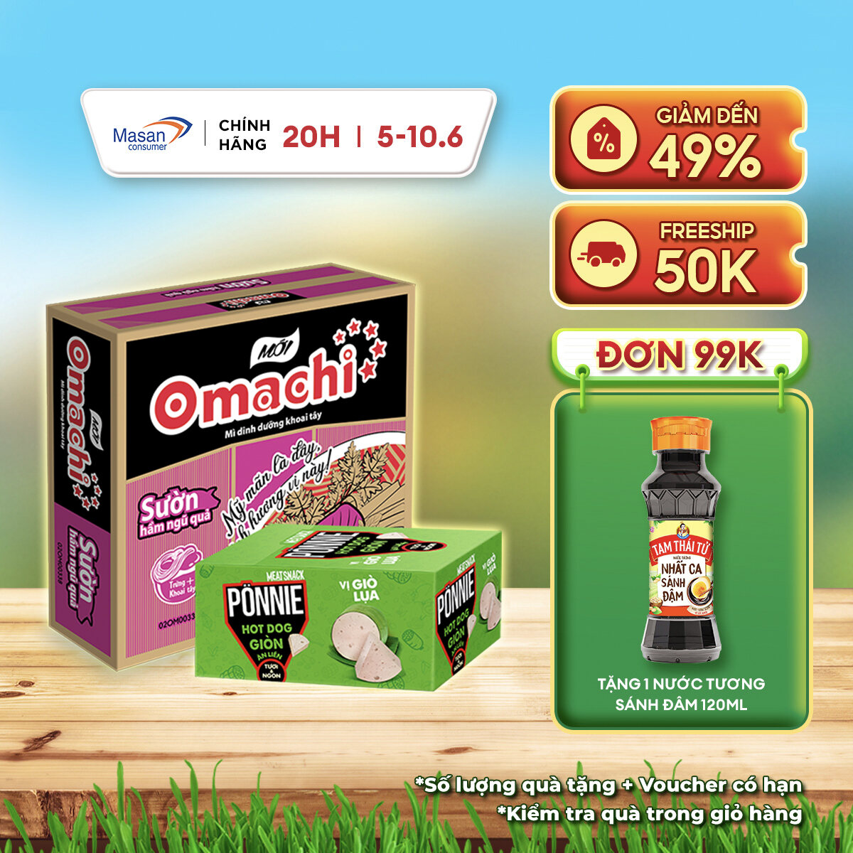 Combo 1 Thùng Mì Omachi Sườn Hầm Ngũ Quả Gói 80g và 1 Hộp Ponnie Hot Dog Giòn Ăn Liền Vị Giò Lụa Hộp