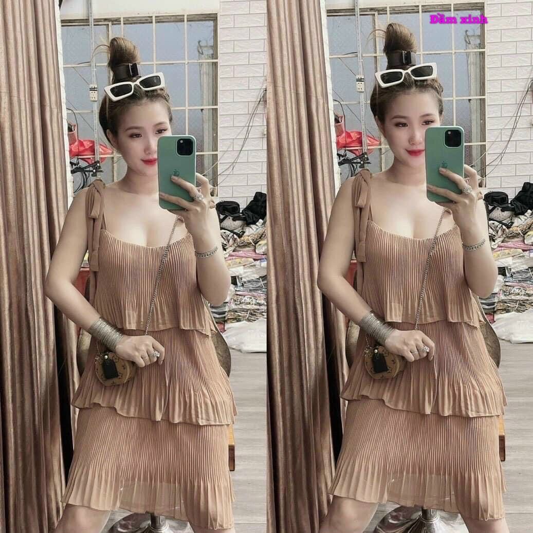 Đầm dập ly 3 tầng vải voan cột vai