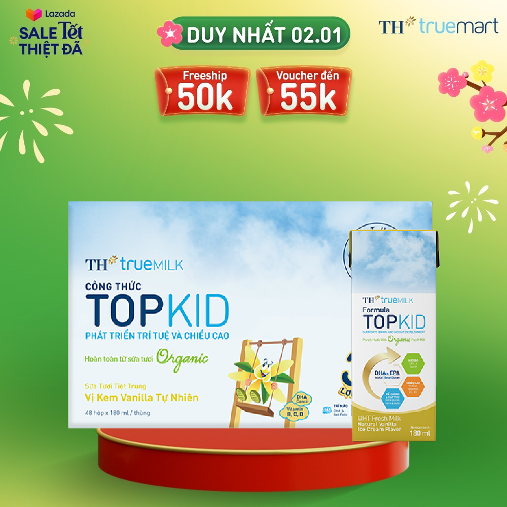 Thùng 48 hộp sữa tươi tiệt trùng TOPKID kem vanilla tự nhiên TH True Milk 180ml