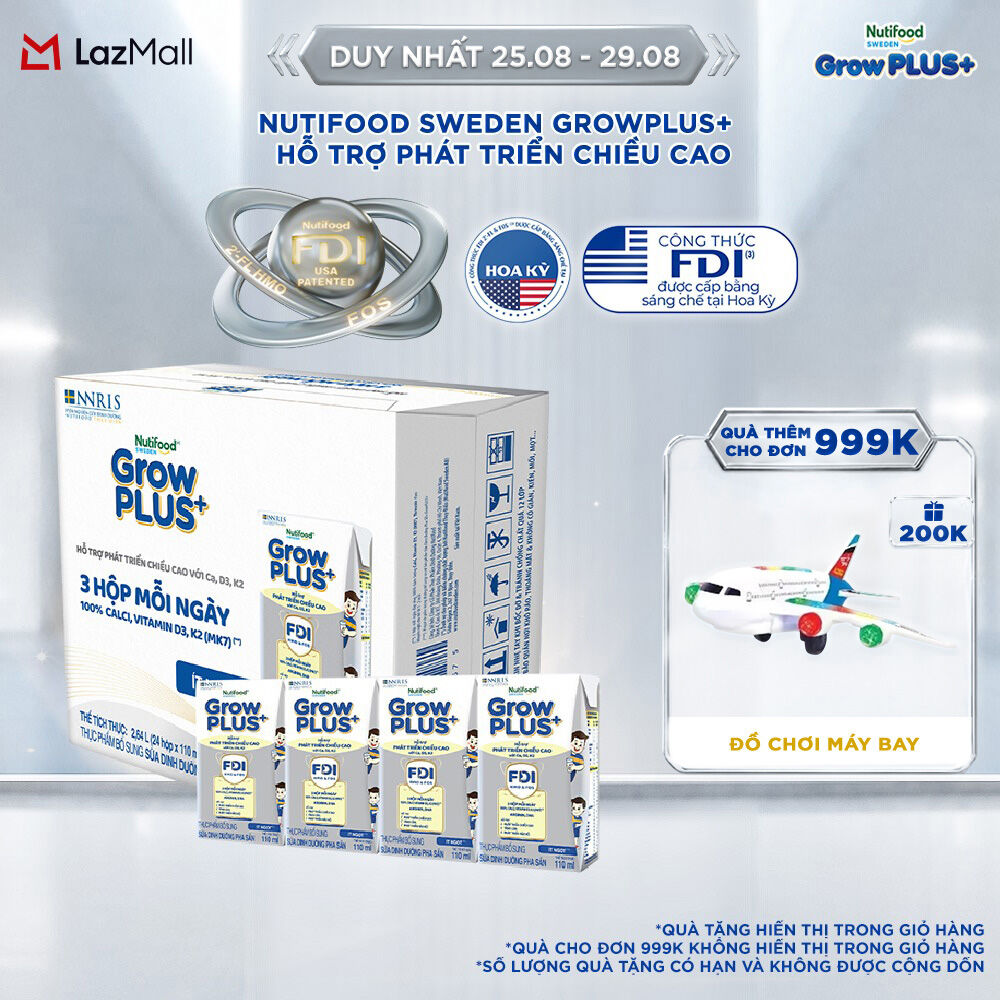 Sữa Bột Pha Sẵn Nutifood Sweden GrowPLUS+ Cao lớn vượt trội - Hỗ trợ phát triển chiều cao hộp  110 ml (24 hộp x 110ml)