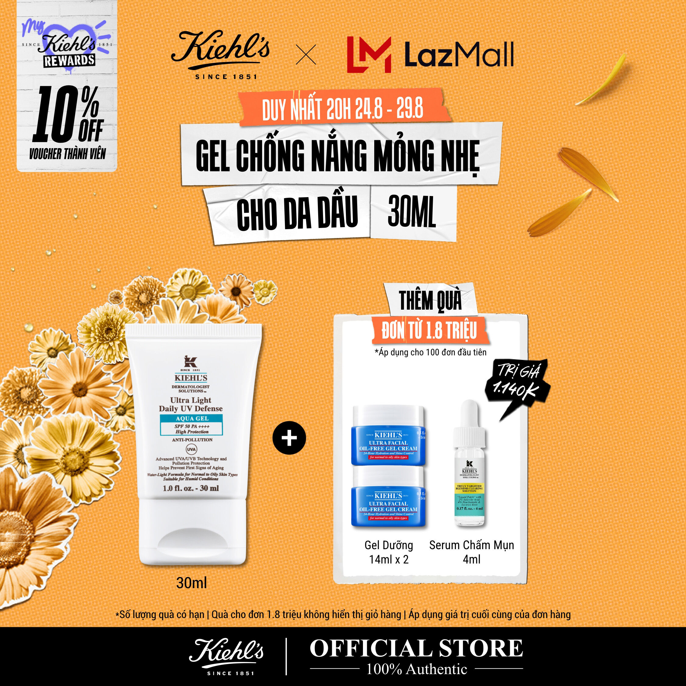 [VOUCHER 10% - TẶNG QUÀ ĐƠN 1.8TR] Gel chống nắng Kiehl's Ultra Light Daily UV Defense Aqua Gel SPF 50 PA++++ 30ml