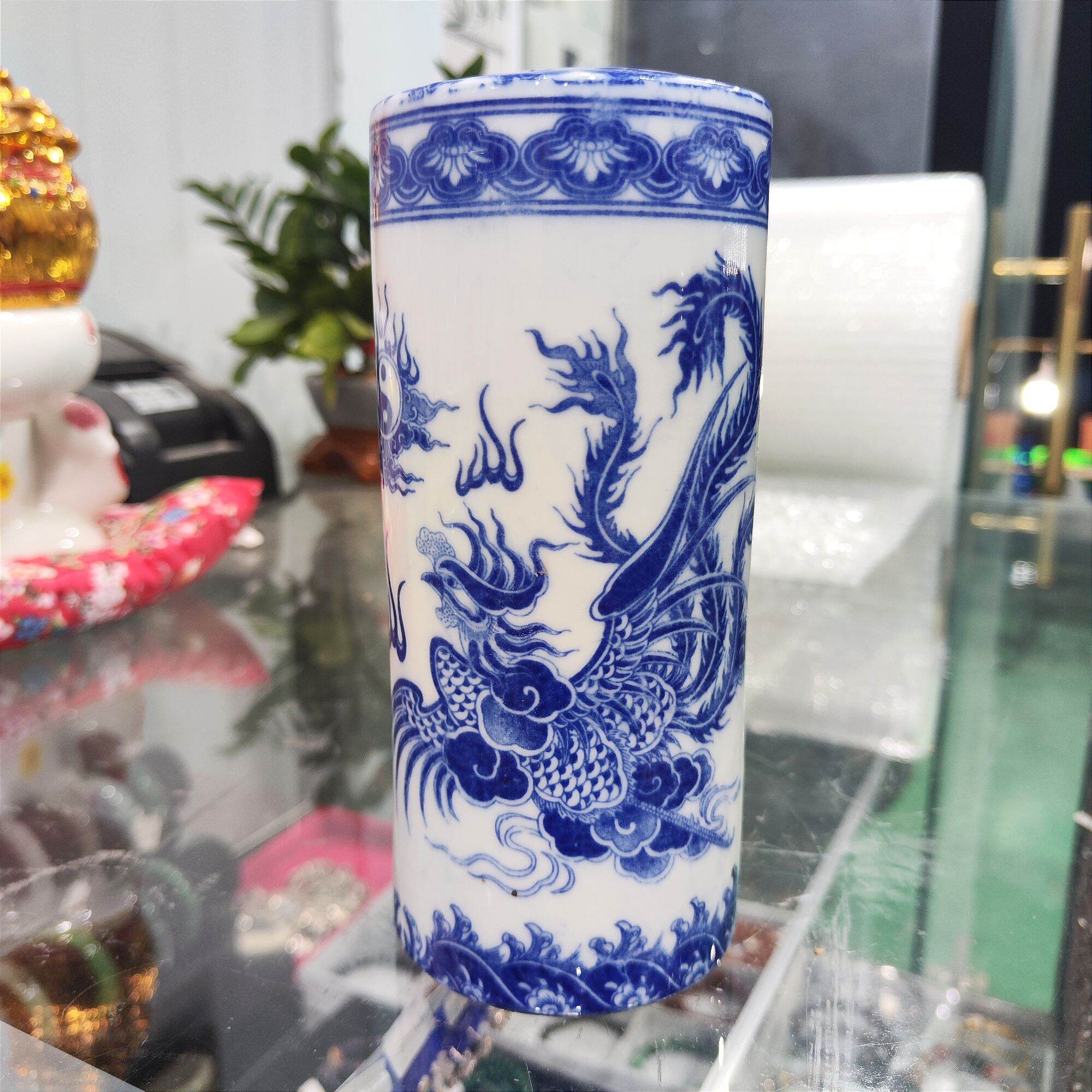 Ống Đựng Nhang Gốm Sứ Men Lam Cao 17cm