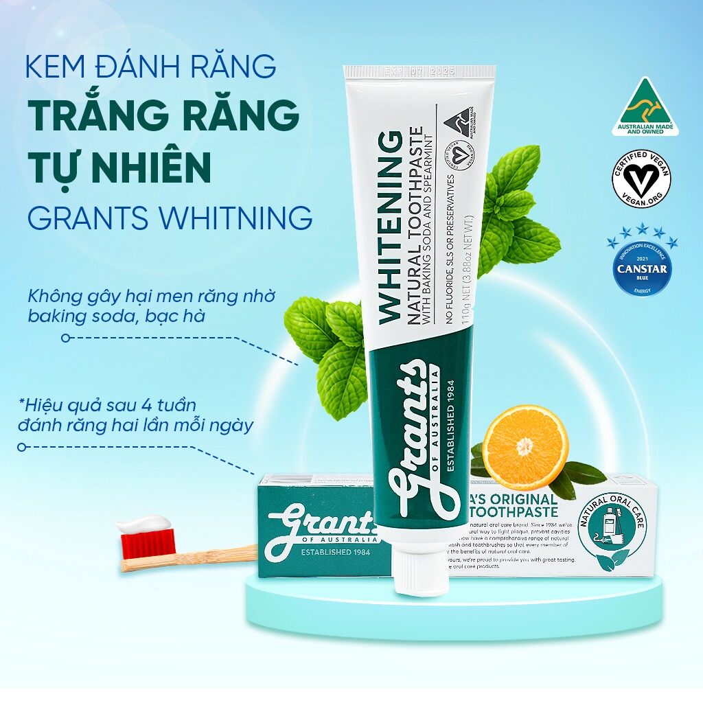 Kem đánh răng làm trắng tự nhiên Grants Whitening Baking Soda & Spearmint 110gr