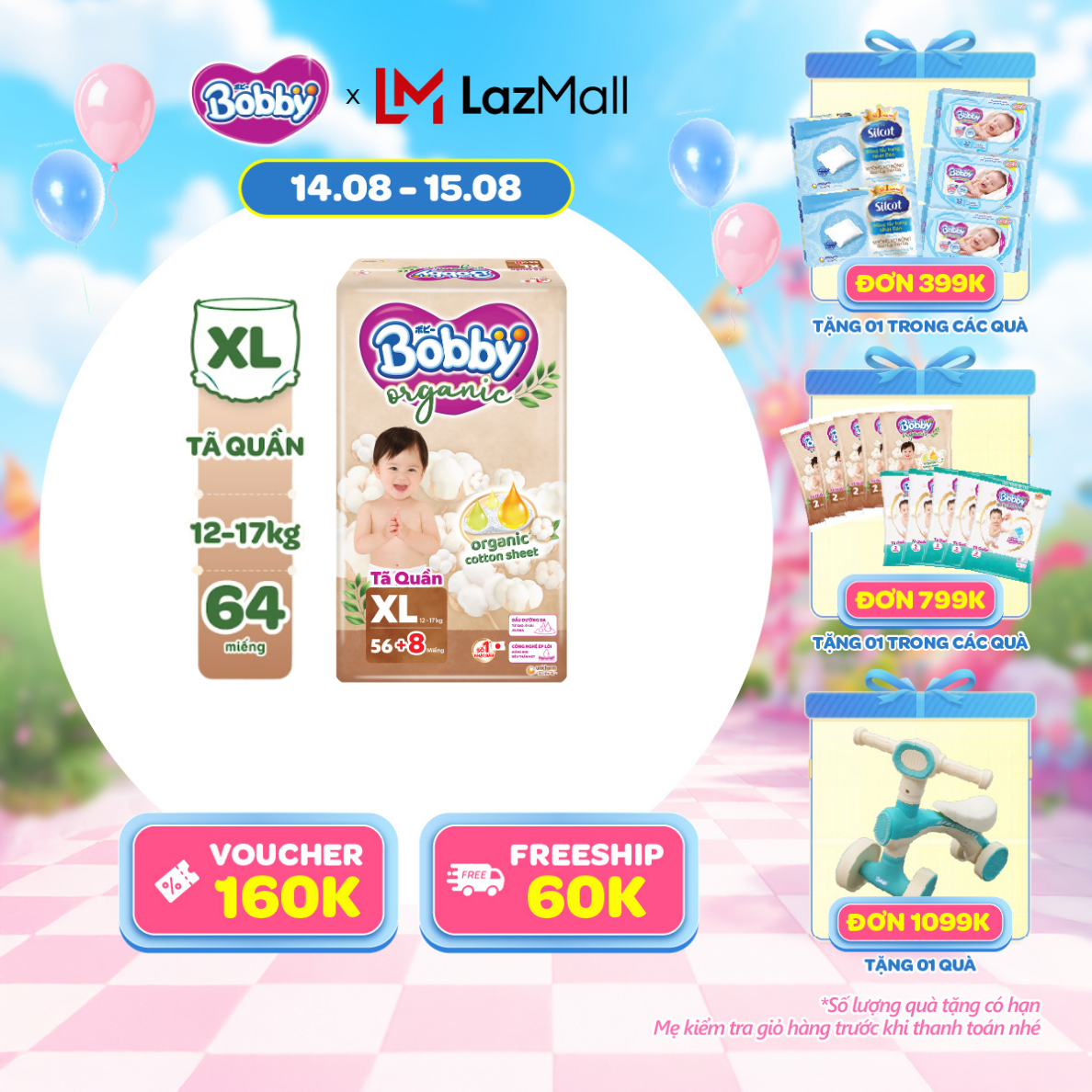 [15-20.09 QUÀ TO][MỚI RA MẮT] [TẶNG KÈM 8 MIẾNG] Tã quần cao cấp Bobby Organic chăm sóc dịu nhẹ từ thiên nhiên XL56