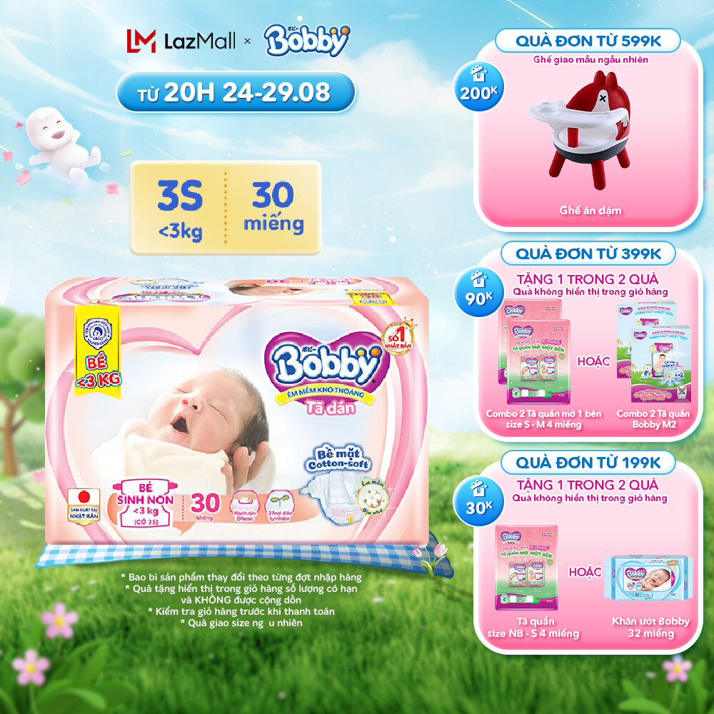 Tã dán Bobby 3S cho bé sinh non, nhẹ cân <3kg -30 miếng