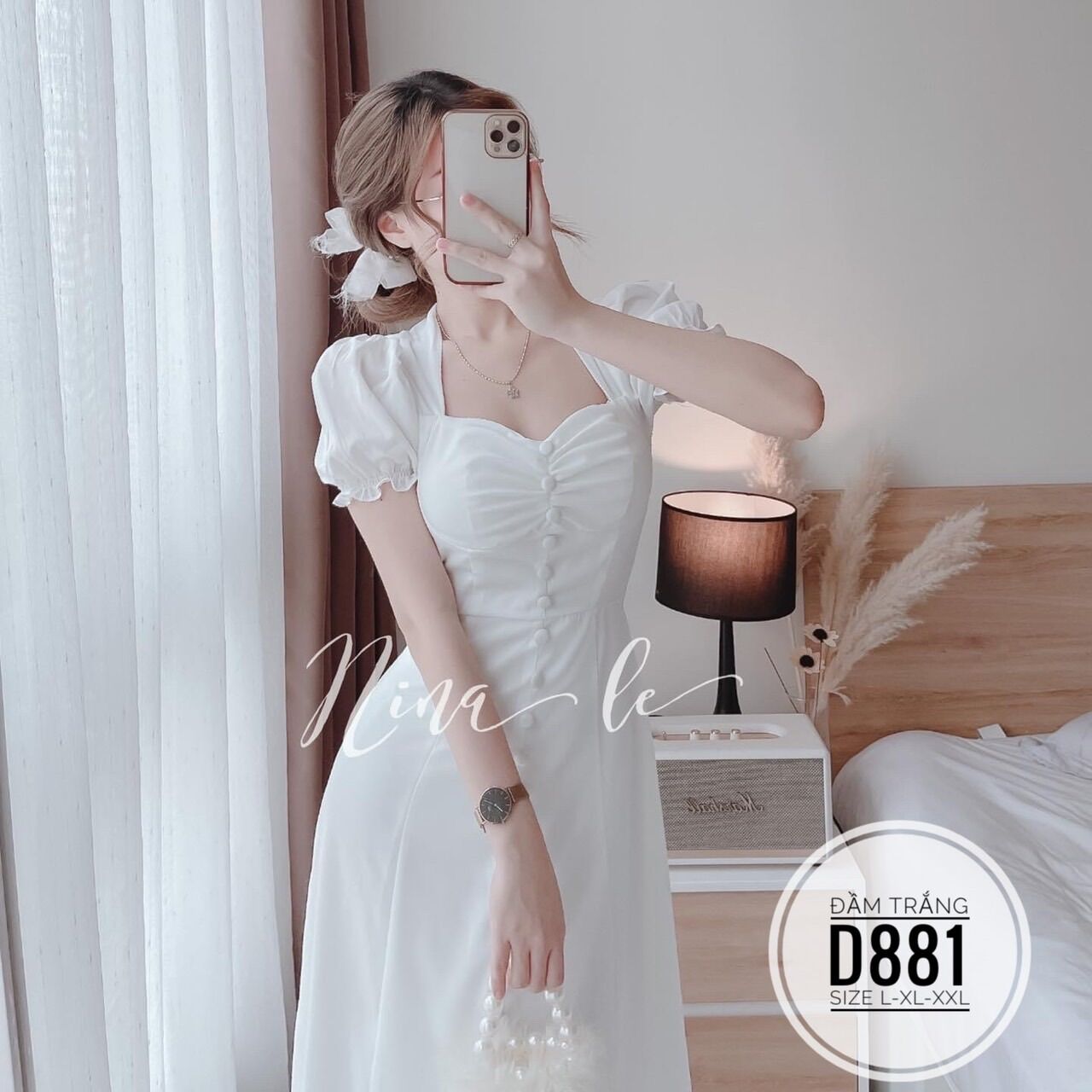 60-90kg Bigsize Đầm trắng nút bọc D881