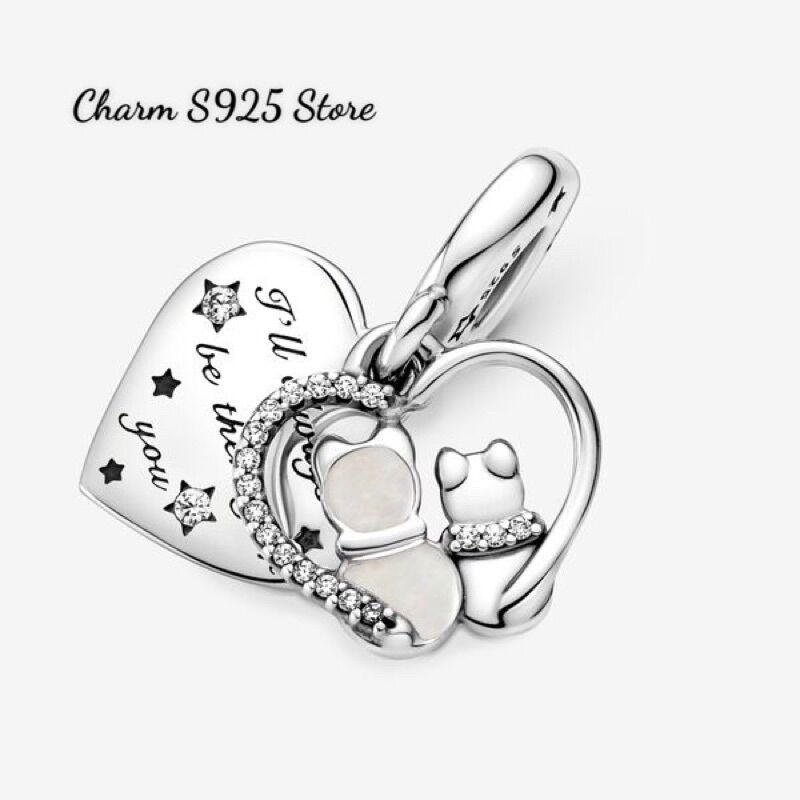 CHARM PAN ALE TREO ĐÔI MÈO HÌNH TIM BẠC S925