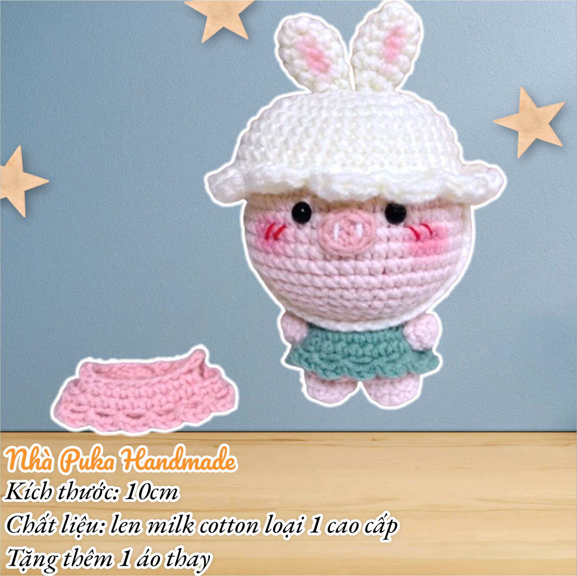 Móc khoá heo đội nón bằng len handmade tặng thêm áo