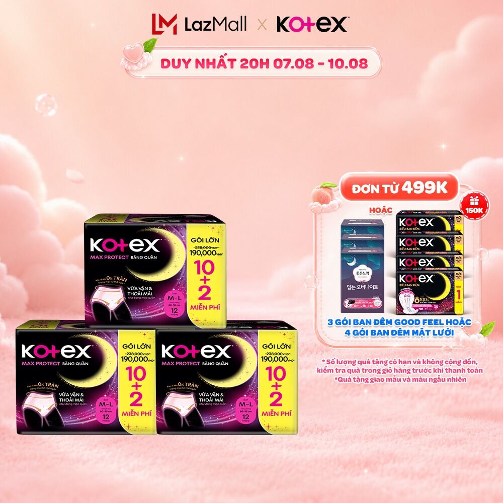Combo 3 Băng Vệ Sinh Dạng Quần Kotex Ban Đêm Cỡ M/L (10+2) Miếng/Gói